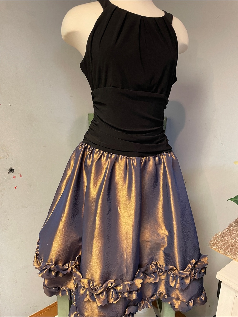 SL Fashions Black Halter Bodice with Shimmery Bronze Skirt